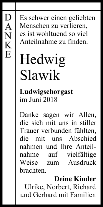 Anzeige von Hedwig Slawik von MGO