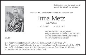 Anzeige von Irma Metz von MGO