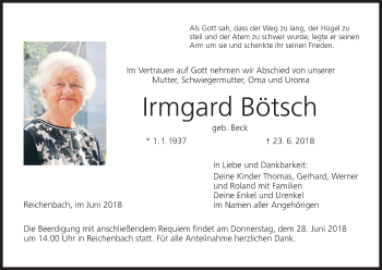 Anzeige von Irmgard Bötsch von MGO
