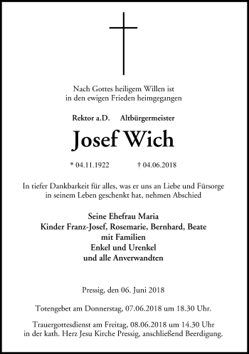Anzeige von Josef Wich von MGO
