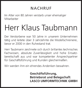 Anzeige von Klaus Taubmann von MGO
