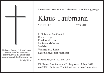 Anzeige von Klaus Taubmann von MGO