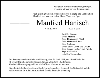 Anzeige von Manfred Hanisch von MGO