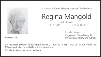 Anzeige von Regina Mangold von MGO
