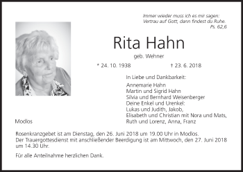 Anzeige von Rita Hahn von MGO