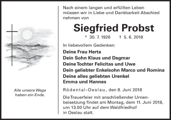 Anzeige von Siegfried Probst von MGO