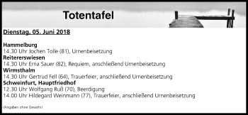 Anzeige von Totentafel vom 05.06.2018 von MGO