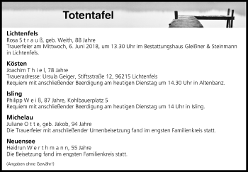 Anzeige von Totentafel vom 05.06.2018 von MGO