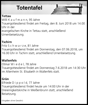 Anzeige von Totentafel vom 06.06.2018 von MGO
