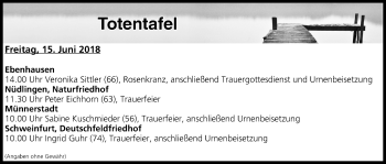 Anzeige von Totentafel vom 15.06.2018 von MGO