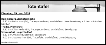 Anzeige von Totentafel vom 19.06.2018 von MGO