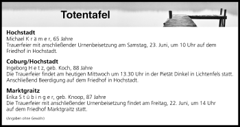 Anzeige von Totentafel vom 20.06.2018 von MGO