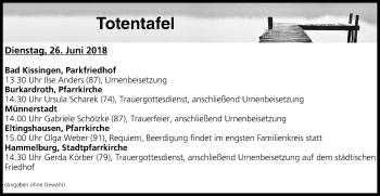 Anzeige von Totentafel vom 26.06.2018 von MGO