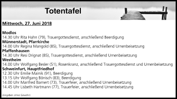 Anzeige von Totentafel vom 27.06.2018 von MGO