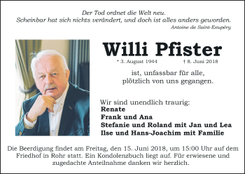 Anzeige von Willi Pfister von MGO