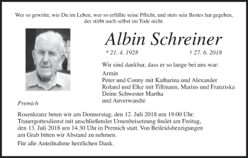 Anzeige von Albin Schreiner von MGO