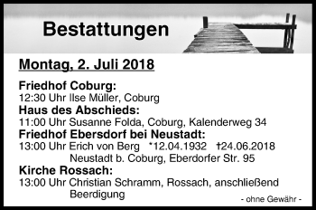 Anzeige von Bestattungen vom 02.07.2018 von MGO