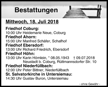 Anzeige von Bestattungen vom 18.07.2018 von MGO