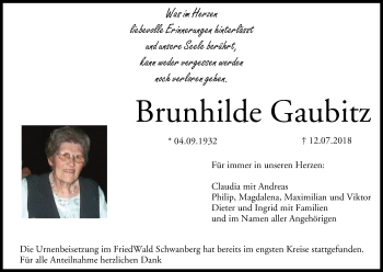 Anzeige von Brunhilde Gaubitz von MGO