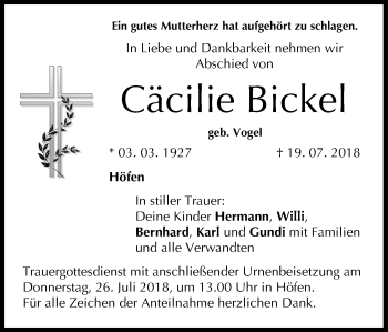 Anzeige von Cäcilie Bickel von MGO