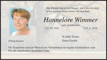 Anzeige von Hannelore Wimmer von MGO