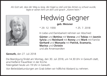 Anzeige von Hedwig Gegner von MGO