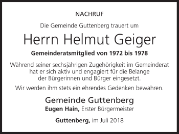 Anzeige von Helmut Geiger von MGO