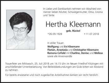 Anzeige von Hertha Kleemann von MGO