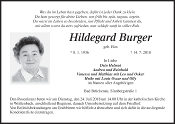 Anzeige von Hildegard Burger von MGO