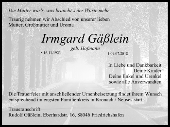 Anzeige von Irmgard Gäßlein von MGO