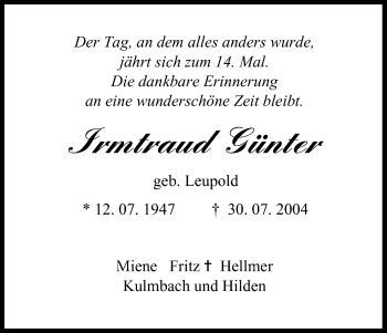 Anzeige von Irmtraud Günter von MGO