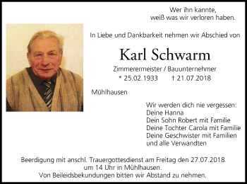Anzeige von Karl Schwarm von MGO