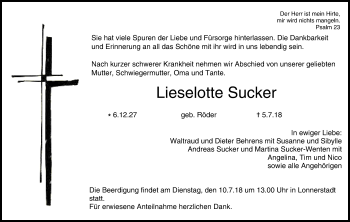 Anzeige von Lieselotte Sucker von MGO