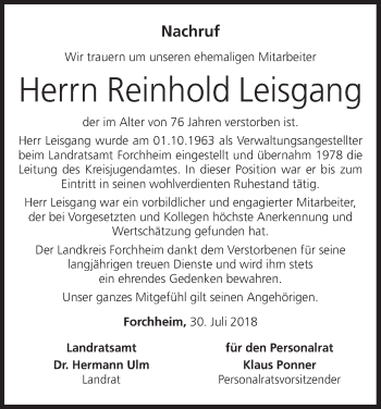 Anzeige von Reinhold Leisgang von MGO
