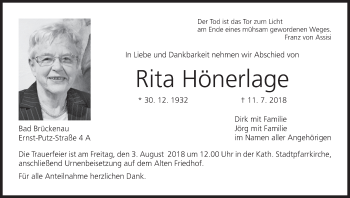 Anzeige von Rita Hönerlage von MGO