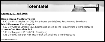 Anzeige von Totentafel vom 02.07.2018 von MGO