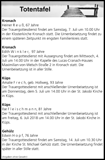 Anzeige von Totentafel vom 04.07.2018 von MGO
