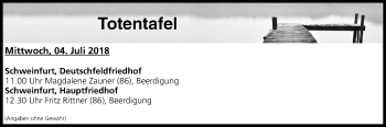 Anzeige von Totentafel vom 04.07.2018 von MGO