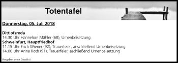 Anzeige von Totentafel vom 05.07.2018 von MGO