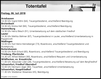 Anzeige von Totentafel vom 06.07.2018 von MGO