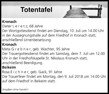 Anzeige von Totentafel vom 07.07.2018 von MGO