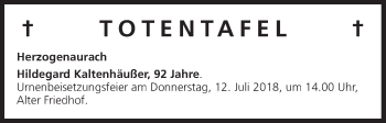 Anzeige von Totentafel vom 09.07.2018 von MGO