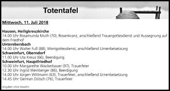 Anzeige von Totentafel vom 11.07.2018 von MGO
