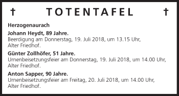 Anzeige von Totentafel vom 17.07.2018 von MGO
