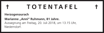 Anzeige von Totentafel vom 18.07.2018 von MGO