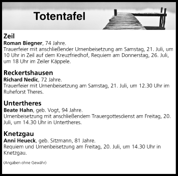 Anzeige von Totentafel vom 19.07.2018 von MGO