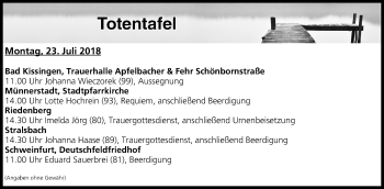 Anzeige von Totentafel vom 23.07.2018 von MGO