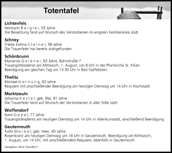 Anzeige von Totentafel vom 31.07.2018 von MGO