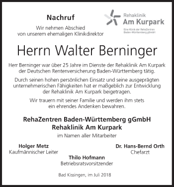 Anzeige von Walter Berninger von MGO