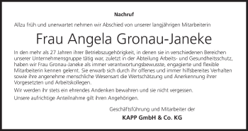 Anzeige von Angela Gronau-Janeke von MGO